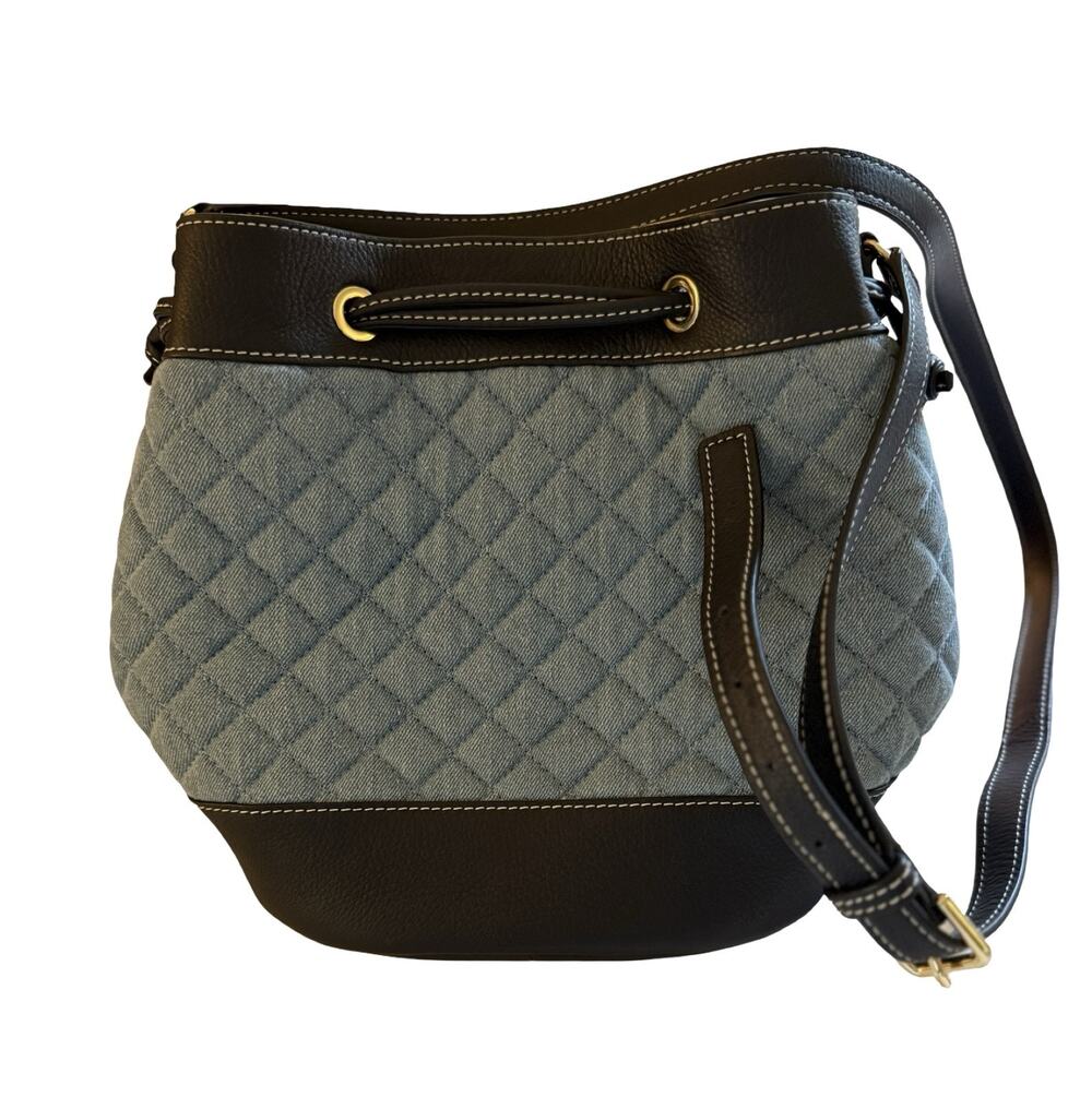 Talbots Purse Blue Quilted Bucket Bag Brown Leather Trim Crossbody Drawstring - Picture 1 of 11